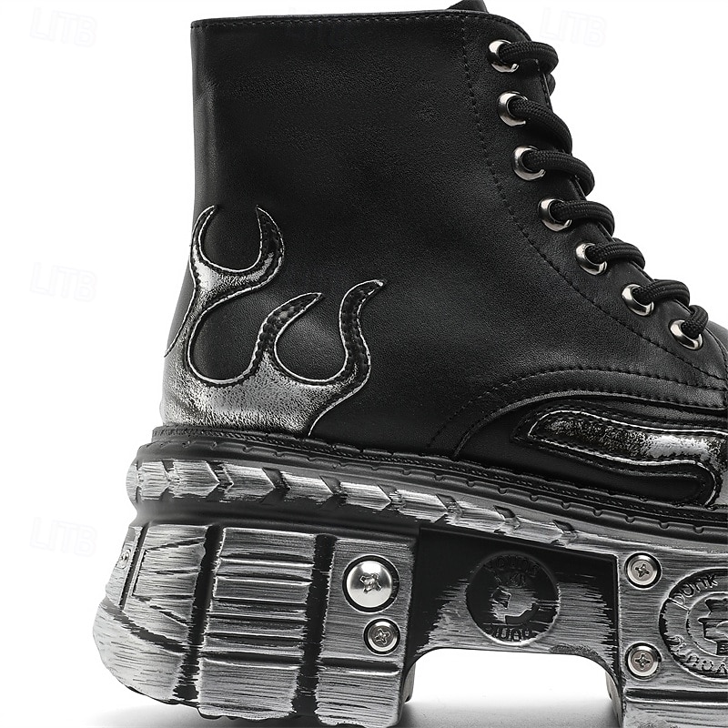 herre gotiske flammende platåstøvler – steampunk ankelstøvletter med grov såle og snøring for punkrockfester og cosplay 2025 - $84.99 –P6