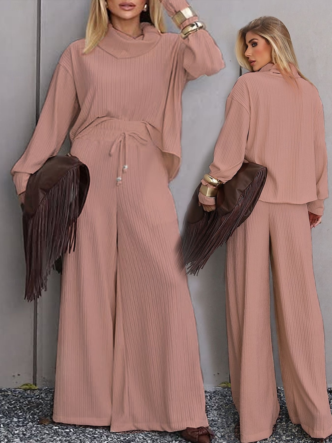 Dame Elegant Årgang Mote Buksesett Bolero topp Langermet Rullekrage Helfarge Avslappet Daglig Stevnemøte Roségull Hvit Champagne Høst Løstsittende 2025 - $37.99 –P1