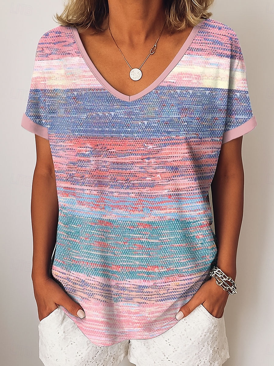 Femmes T-shirt Graphique Géométrique Rayé ancien Occasionnel Manche Courte Col en V Hauts Réguliers Quotidien Week-end Vêtements de vacances Imprimé Rose Claire Bleu Violet Vert Été Printemps de 2025 ? $19.99 –P1