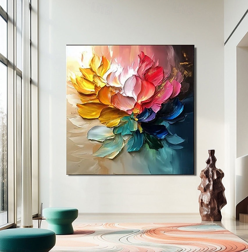 Pintura a óleo artesanal multicolorida com flores, pintada à mão, pétalas vibrantes em gradiente, pinceladas texturizadas empastadas, emolduradas em madeira natural, casa eclética moderna com detalhes de 2025 por $150.99 –P4