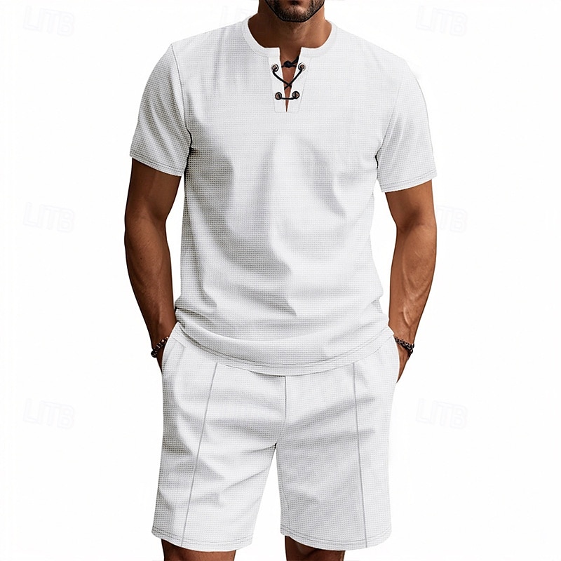 Per uomo Camicia a nido d'ape Completi T-shirt Outfit 2 pezzi Maglietta e pantaloncini Manica Corta Scollo a V Estate Semplice Moda Casual Allacciato 2 Pezzi Vacanza Abbigliamento quotidiano Uscire del 2025 a $28.99 –P11