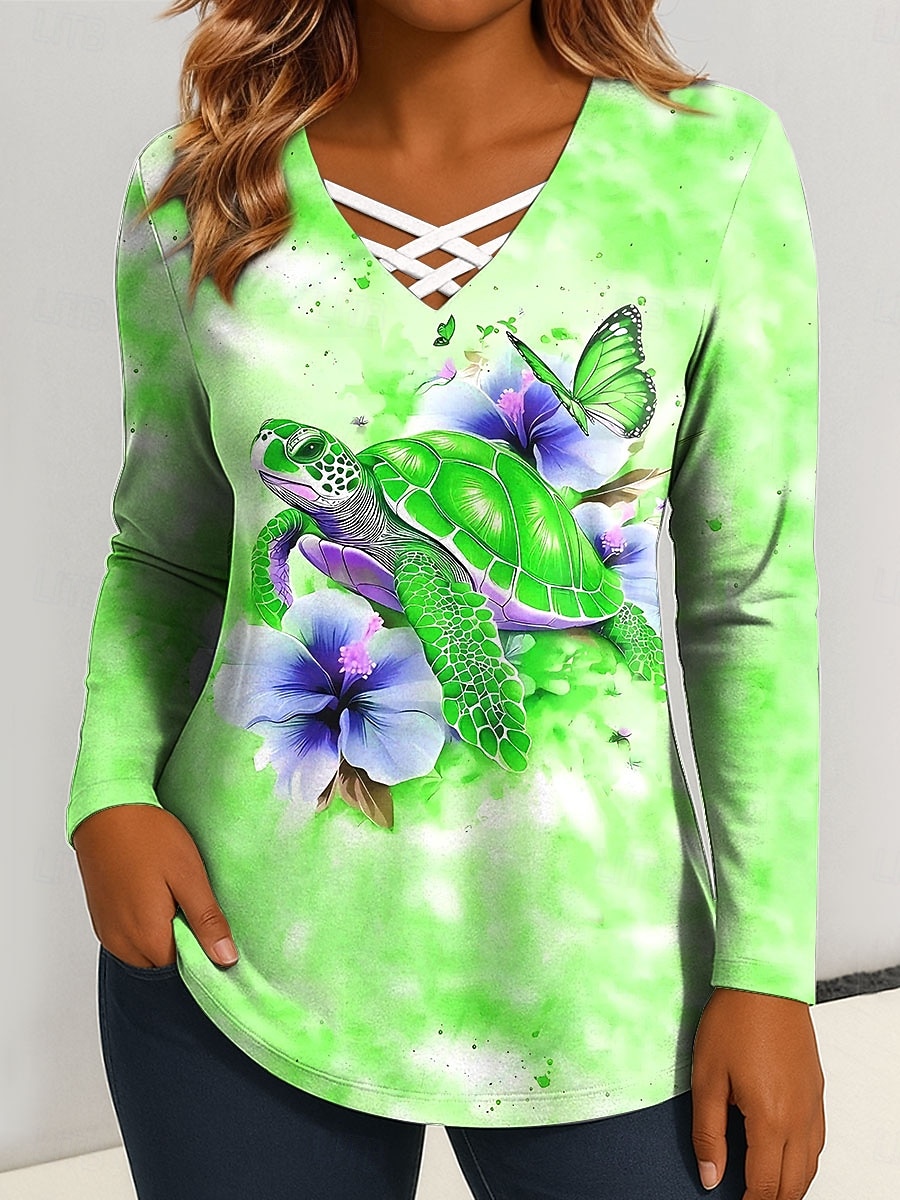 Per donna Maglietta Taglio Stampato Grafico Animale Tartaruga di mare Vintage Elegante Classico Manica Lunga Scollo a V Top Regolari Quotidiano Blu Rosso Fucsia Verde Primavera Autunno del 2026 a $24.99 –P4