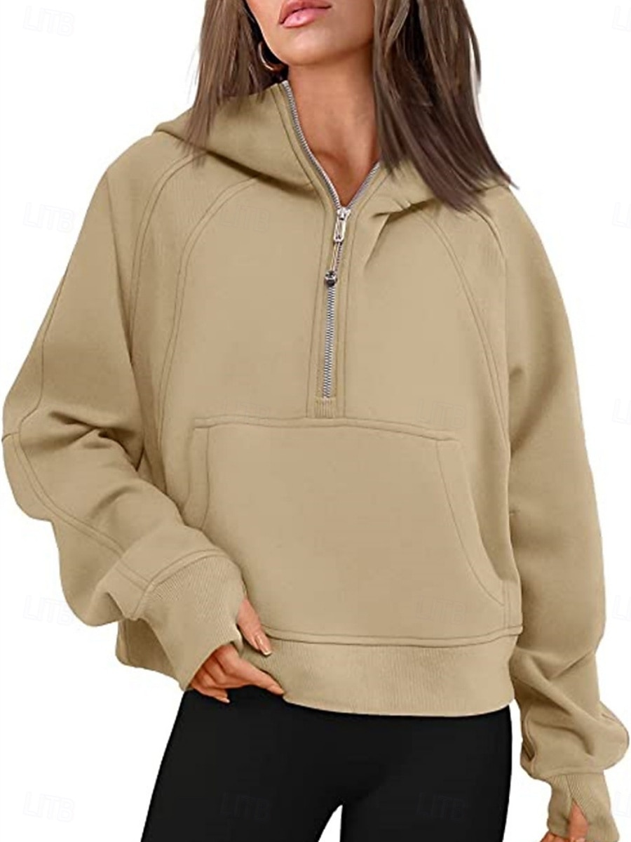 Mulheres Pulôver Moletom Com Capuz Tecido Casual Manga Longa Com Capuz Tops regulares Rua Dia a Dia Patchwork Zíper Bolsos Branco Rosa cáqui Cinzento Outono Inverno de 2025 por $32.99 –P4