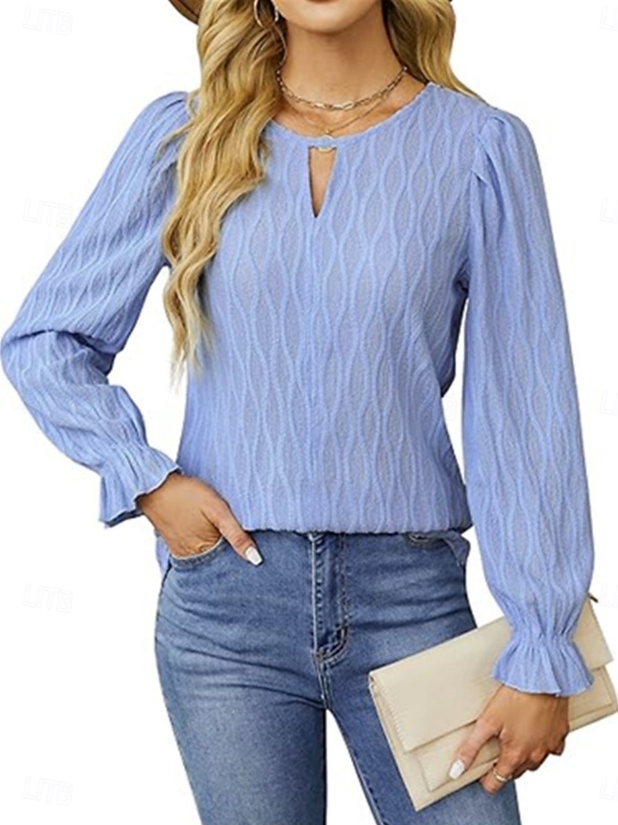 Damen Bluse Einfarbig Elegant Stilvoll Basic Langarm Rundhalsausschnitt Normale Oberteile Täglich Schwarz Weiß Blau Khaki Sommer Frühling 2025 - $23.99 –P10