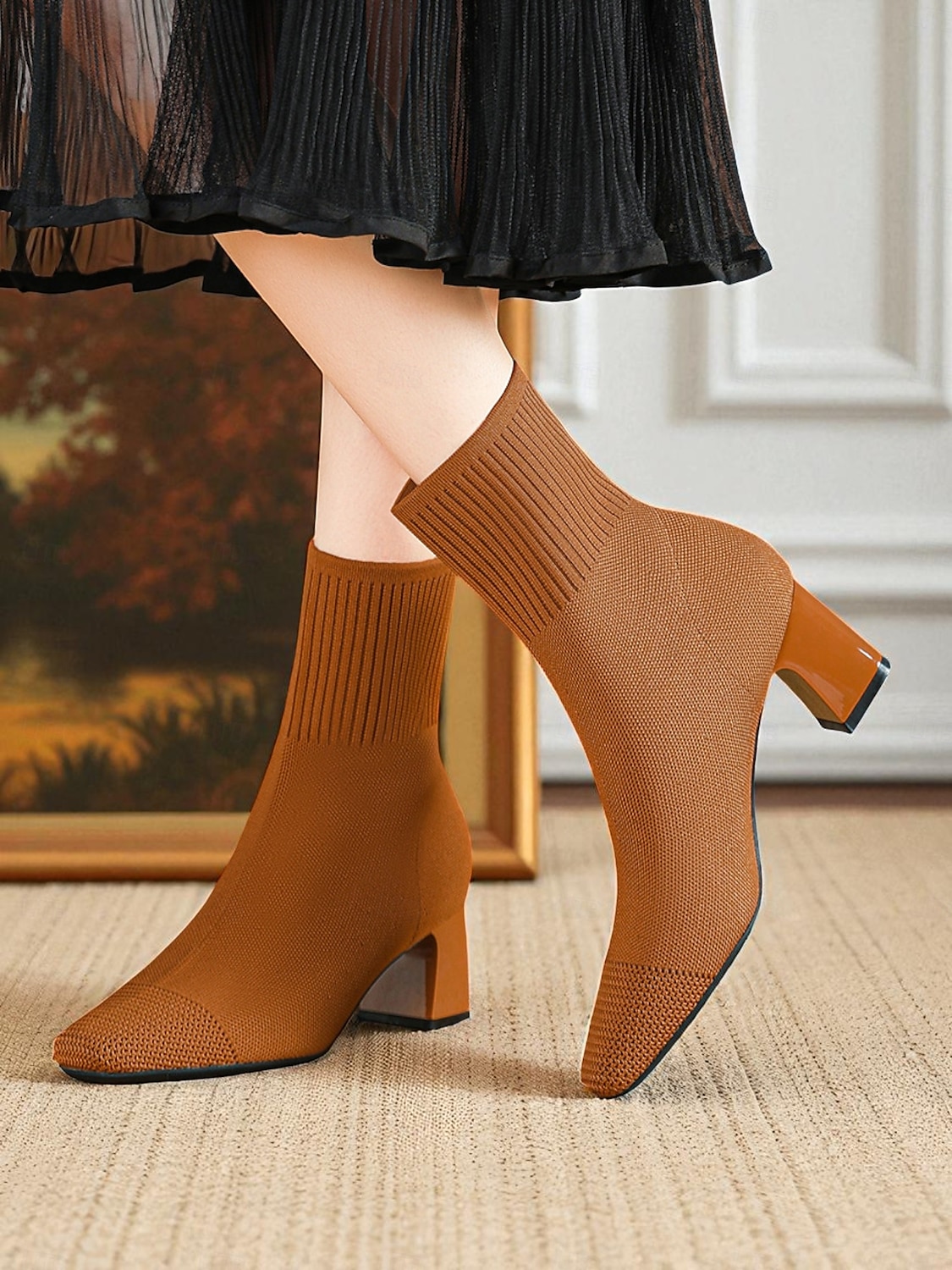 Marineblaue Strick-Sockenstiefel für Damen – spitze Stretch-Stiefeletten mit Blockabsatz für elegante Alltags- und Herbstoutfits 2025 - $46.99 –P1