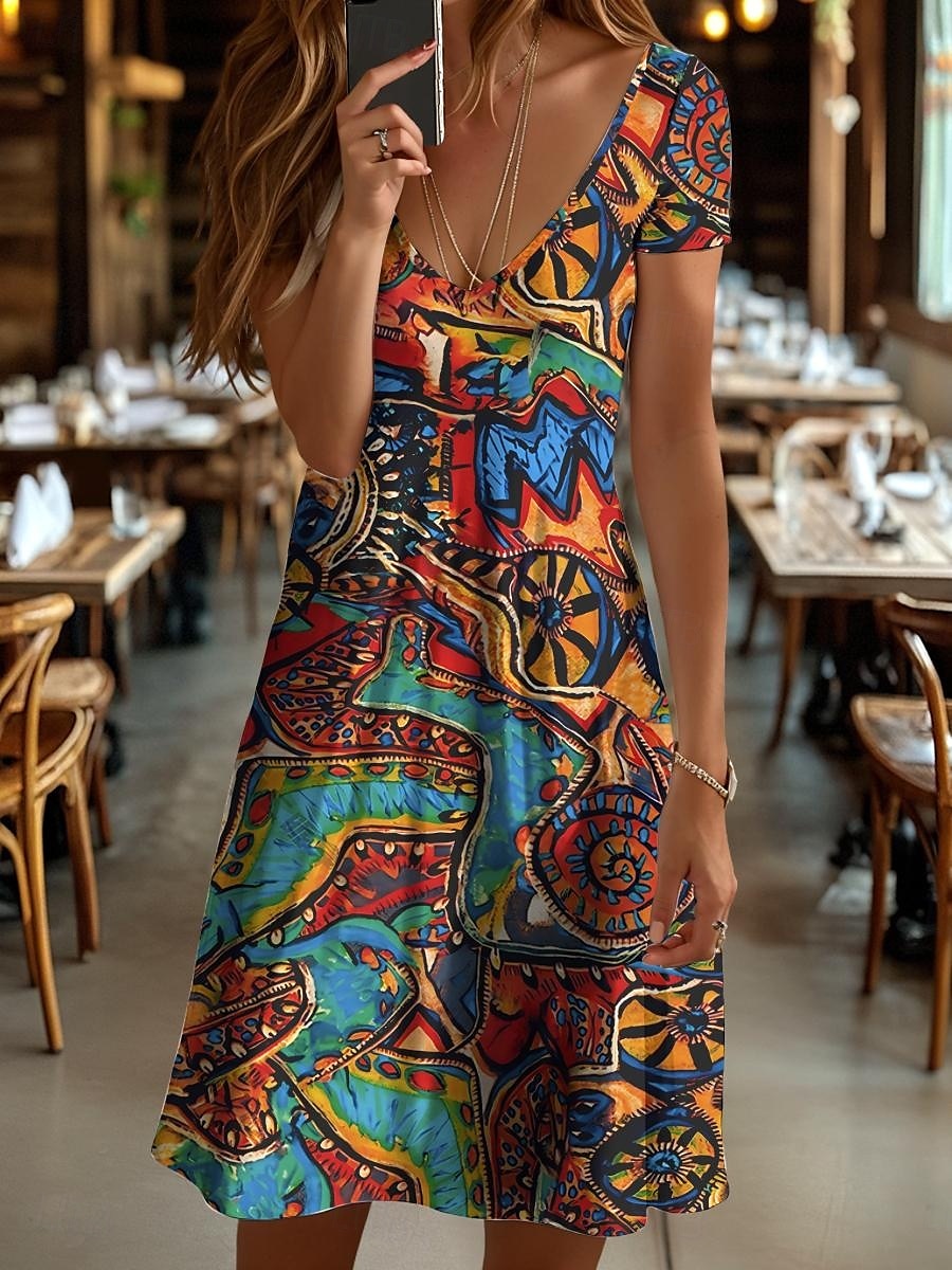 Damen Minikleid Strickkleid Freizeitkleid T-Shirt-Kleid Sommerkleid Elegant Urlaub Lässig Strand Normale Passform Grafik Geometrisch Abstrakt Kurzarm V Ausschnitt Gelb Blau Purpur Orange Sommer 2025 - $23.99 –P1