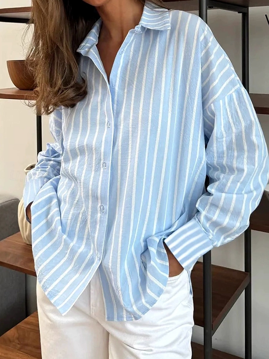 Dameshemd Button Down Blouse Grafisch Geometrisch Gestreept Vintage Tropisch Dagelijks Lange Mouw Shirt Button Down Blouse Kraag Reguliere Tops Werk Dagelijks Vakantie Knopen Print Roze Luchten Blauw 2025 - $25.99 –P3