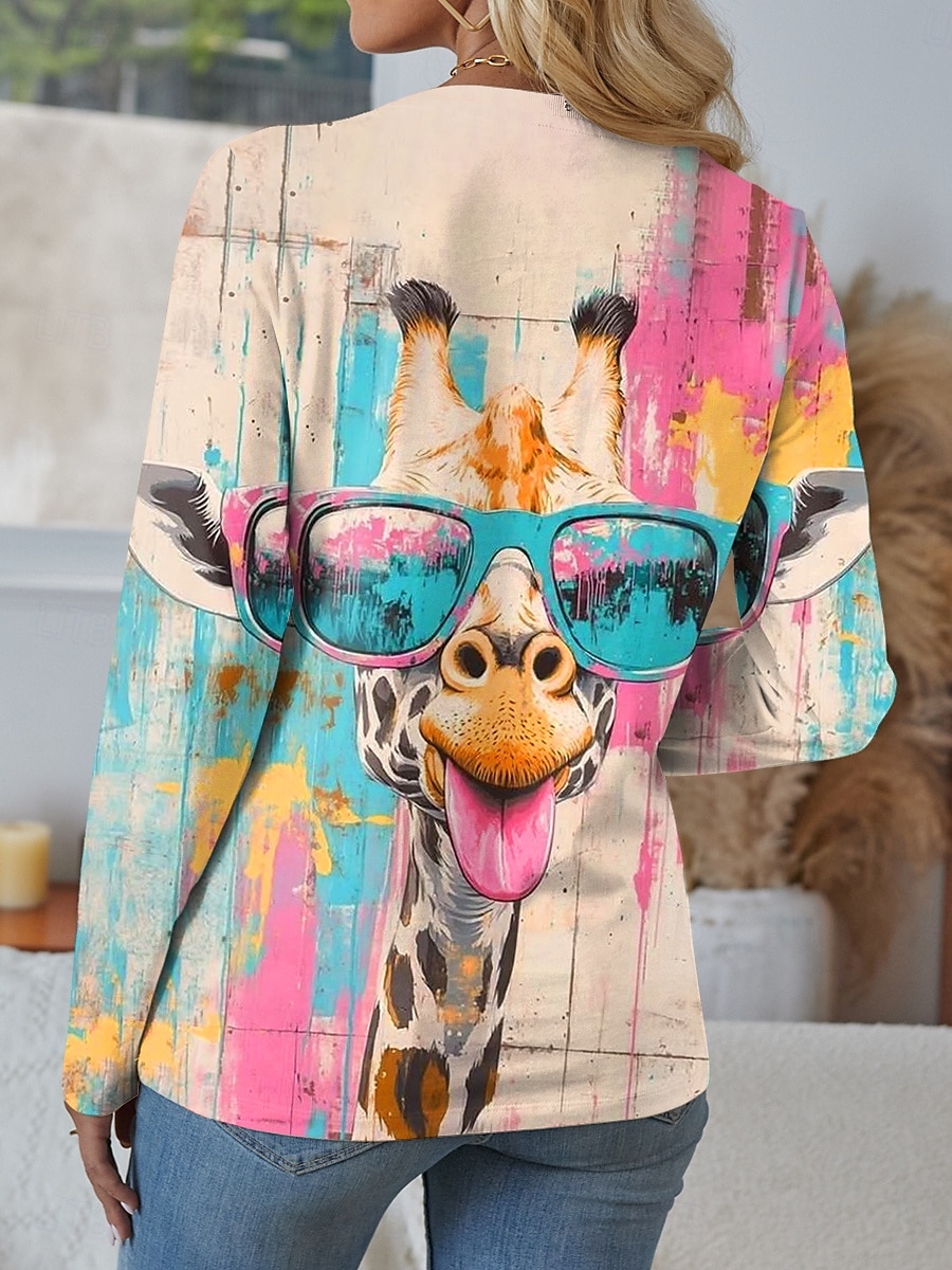Femmes T-shirt Graphique Animal Girafe ancien Élégant Classique manche longue Col en V Hauts Réguliers Quotidien Découpé Imprimé Rose Claire Bleu Vert Rose Printemps Automne de 2025 ? $22.99 –P2