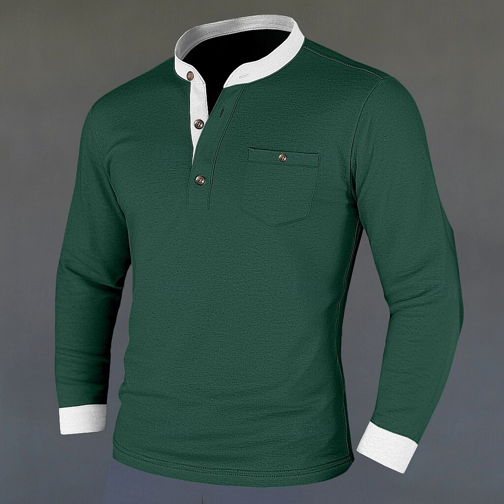 Herren Henley Hemd T-Shirt T-Shirt aus Baumwollmischung Langarm Farbblock Einheitliche Farbe Mode Designer Basic Patchwork Stehkragen Henley Urlaub Straße Lässig Frühling & Herbst Schwarz Marineblau 2025 - $21.99 –P4
