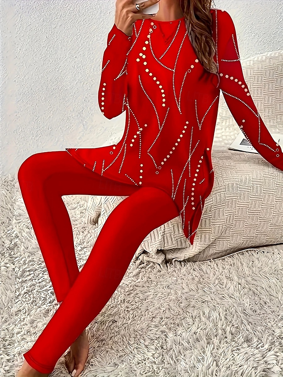 Damskie Elegancja Urlop Moda Podkoszulek Zestawy spodni Długi rękaw Okrągły dekolt Kwiaty Graficzny Nadruk Codzienne Czerwony Granatowy Jadeit Lato Regularny 2025 - $31.99 –P1