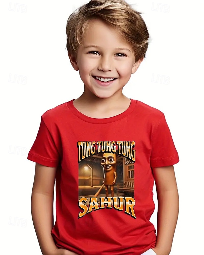 Boys' Blue T-Shirt with Cartoon Character Print - Tung Tung Tung Sahur Design Short Sleeve Summer Spring Fashion Basic Kids 4-12 Years Crew Neck Outdoor Casual Daily Regular Fit 2026 - $11.99 –P1