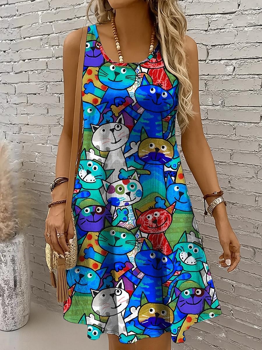 Mujer Mini vestido Vestido de verano Vestido de una línea Vestido con hombros descubiertos Vacaciones Casual Festivos Playa Ajuste regular Graphic Gato Sin Mangas Cuello Barco Amarillo Rojo Azul 2025 - $21.99 –P5