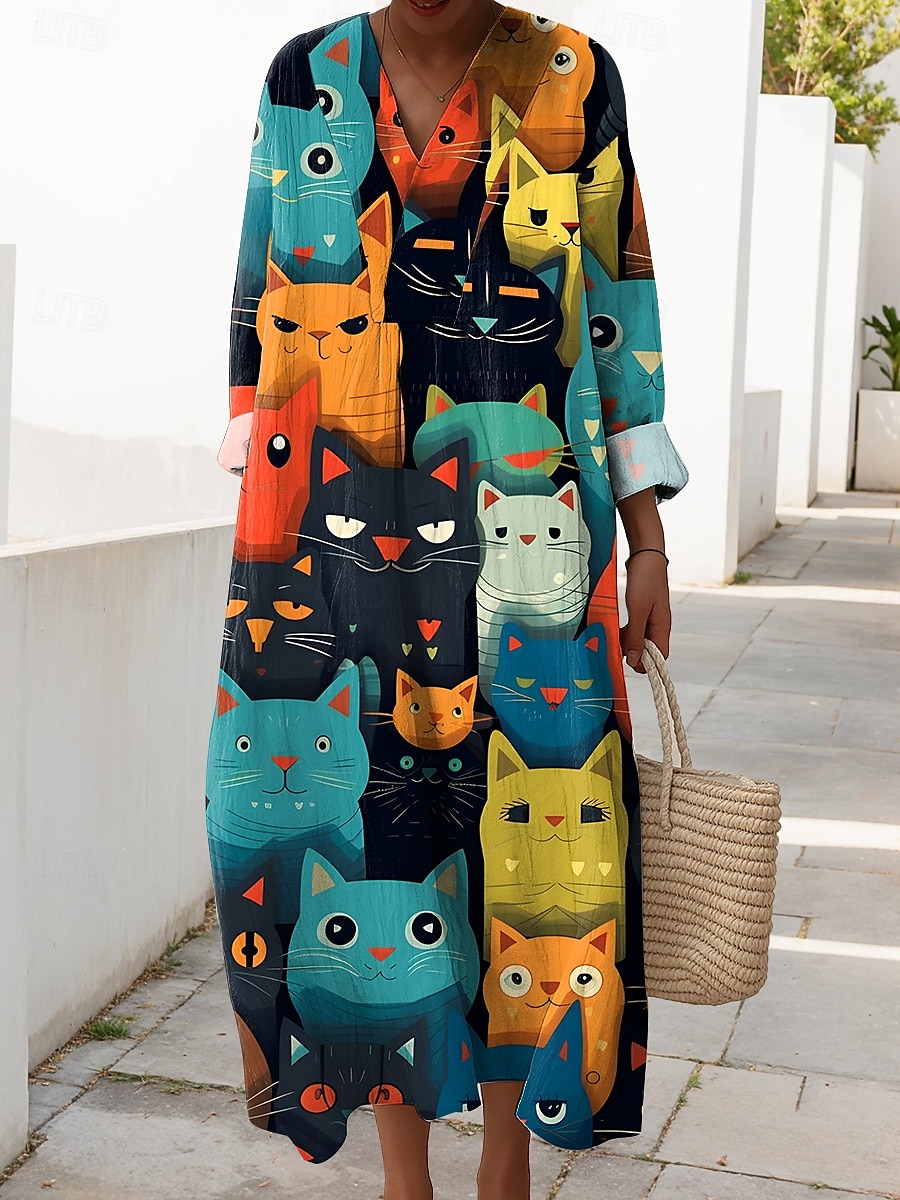 Damen Midikleid Sommerkleid Shiftkleid Urlaub Lässig Strand Ausgehen Strand Lässiger Schnitt Grafik Tiermotiv Langarm V Ausschnitt Schwarz Weiß Grün Sommer Frühling Herbst 2025 - $35.99 –P1