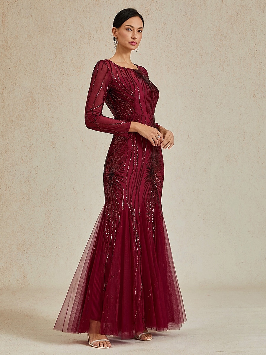 Dame Maxikjole Havfruekjole Elegant Fest Formelt Cocktailfest Normal Helfarge Langermet Crew-hals Burgunder Vår Høst Vinter 2025 - $179.99 –P6