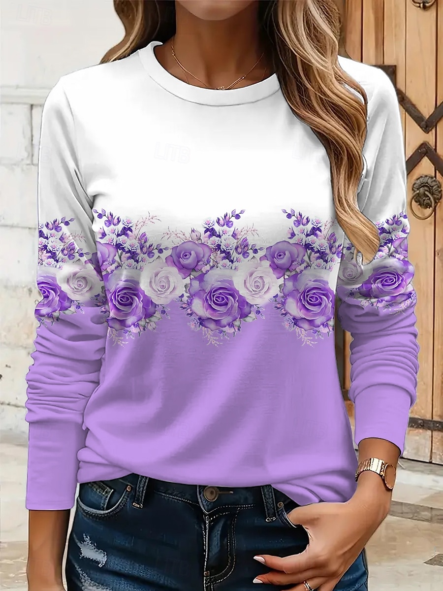 Femmes T-shirt Fleuri Graphique Plantes ancien Élégant Classique manche longue Col ras du cou Col rond Hauts Réguliers Quotidien Imprimé Jaune Rose Claire Bleu Violet Vert Été Printemps Automne de 2025 ? $22.99 –P5