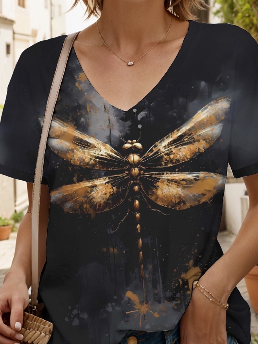 Dames T-shirt Afdrukken Grafisch dier Libel Vintage Stijlvol Klassiek Korte mouw V-hals Normale tops Dagelijks Uitgaan Weekend blauw Zwart Rood Paars Groen Zomer Lente 2026 - $21.99 –P3