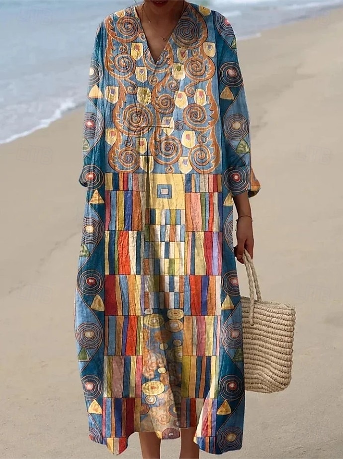 Pentru femei Rochii Midi Rochie de Vară Rochie A line Vacanță Casual Boho Ieșire Plajă Grafic Geometric Dunga Manșon Lung În V Negru Galben Roz Îmbujorat Roșu-aprins Vară Primăvară Toamnă 2025 - $35.99 –P1