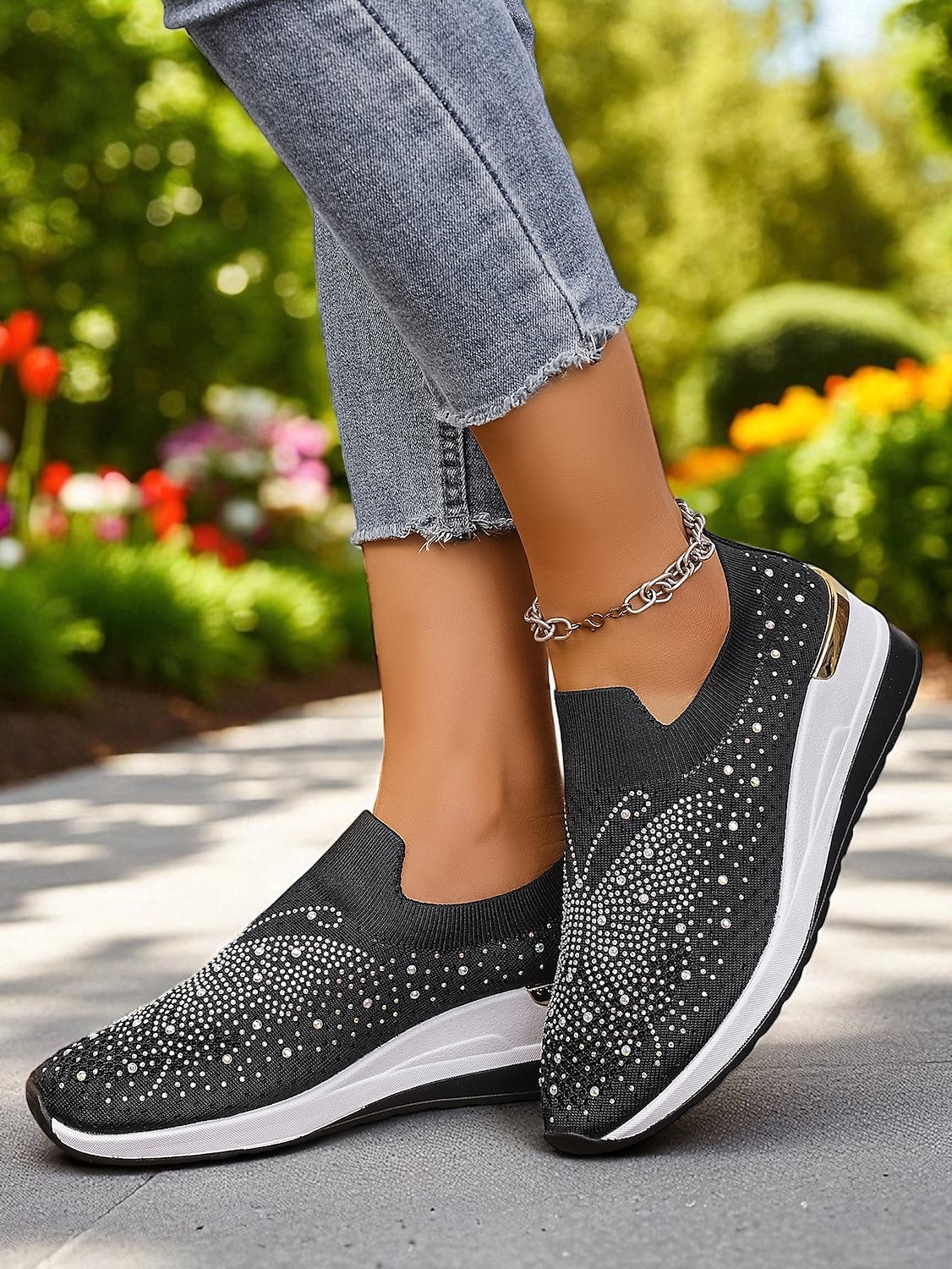 női strasszos flyknit bebújós tornacipők – csillogó éktalpú cipők fesztiválokra, utazásra és mindennapi divatra 2025 - $29.99 –P3