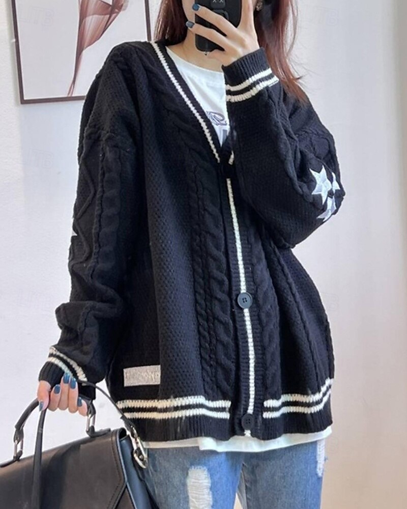 Pentru femei Pulover Bluza Modă Șic Stradă Zilnic Αστέρι Striat În V Tricotat Manșon Lung Topuri obișnuite Tricotat Concediu Ieșire Sfârșit de săptămână Negru Roșu-aprins Toamnă Iarnă 2025 - $25.99 –P6