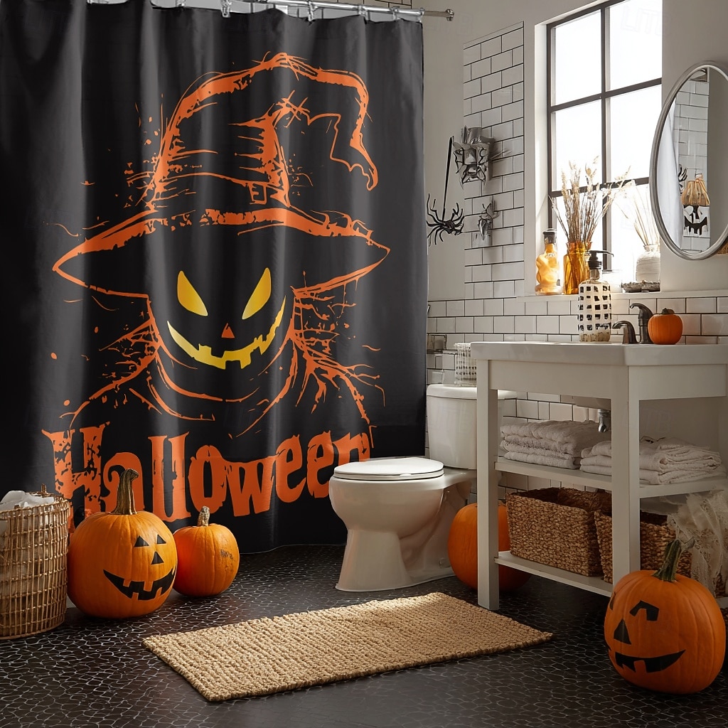 Halloweenský sprchový závěs s háčky, polyesterový, pratelný, voděodolný, vzorovaný, koupelnová vana, dekorace 2025 - $21.99 –P38