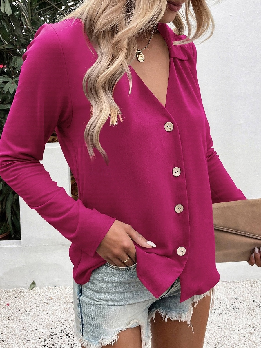 Camicia da donna con bottoni blusa unicolore elegante casual a maniche lunghe scollata a V colletto regolare eleganti quotidiani stampa nera bianca blu fucsia estate primavera del 2025 a $21.99 –P9