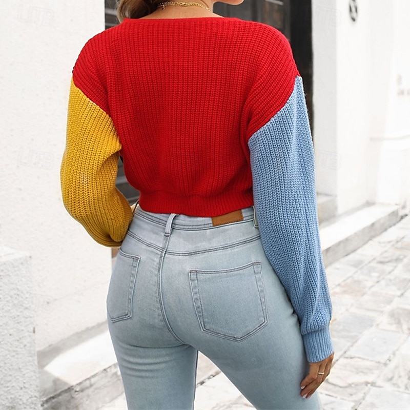 Damen Strickjacke Lässig Farbblock Grobstrick V Ausschnitt Gestrickt Langarm Crop Tops Stricken Täglich Ferien Ausgehen Rote Herbst Winter 2025 - $22.99 –P5