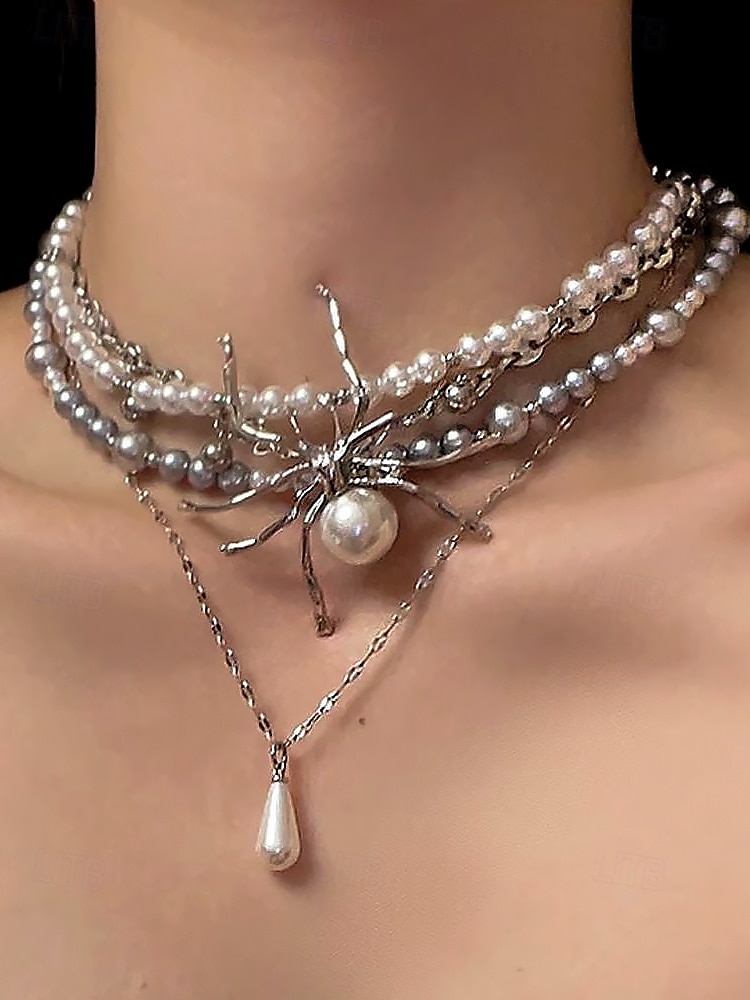 Halloween-Spinnenhalskette für Damen – Gothic-Punk-Design aus Legierung und Kunstperlen mit Stacheln und Ketten, auffälliger Modeschmuck für Partys, Cosplay und gruselige Abende 2025 - $11.99 –P7