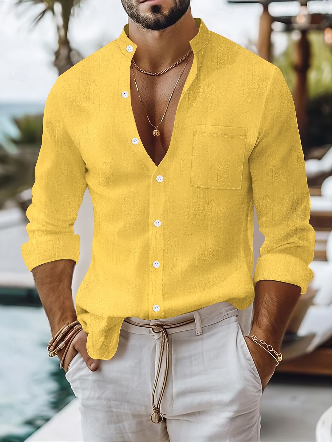 Per uomo Camicia Camicia di lino Camicia Estiva Abbigliamento da spiaggia Camicia con Bottoni Semplice Vacanza Quotidiano Nero Bianco Giallo Blu marino Manica Lunga Colletto alla coreana Estate del 2025 a $23.99 –P1