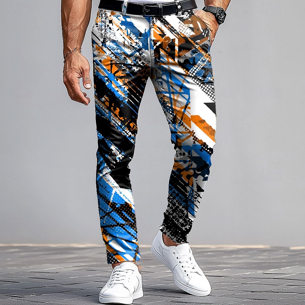 Homens Social Calças Calças de Terno Calças Slim Fit com Bolsos Geométrica Arte abstrata Comprimento total Ao ar livre Casual Vermelho Azul Micro-Elástica de 2026 por $31.99 –P5
