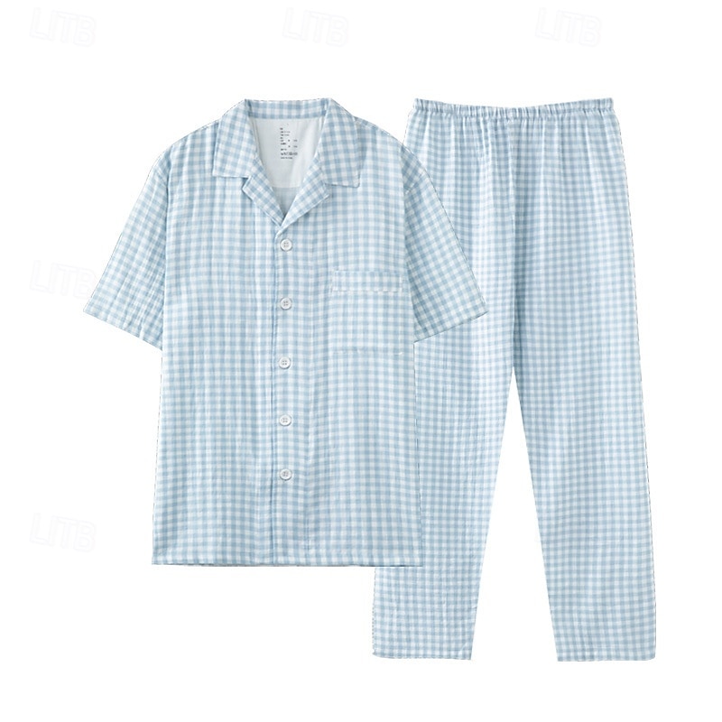 Men's Sleepwear Pajama Set Pajama Top and Pant 1 set Plaid Fashion Stylish Classic Home Daily Bed Cotton Comfort Soft Breathable Lapel Short Sleeve Shirt Pant Elastic Waist Buttons Summer Spring Blue 2025 - Kč729 –P1