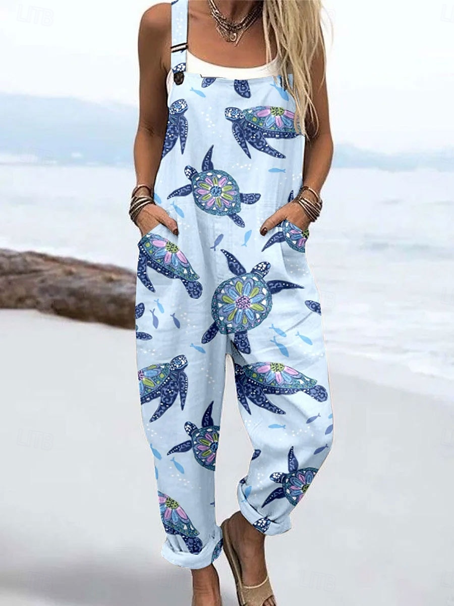 Women's Jumpsuit Active Graphic Sleeveless Print Vacation Street Loose Fit White Blue Green Summer 2025 - $34.99 –P3