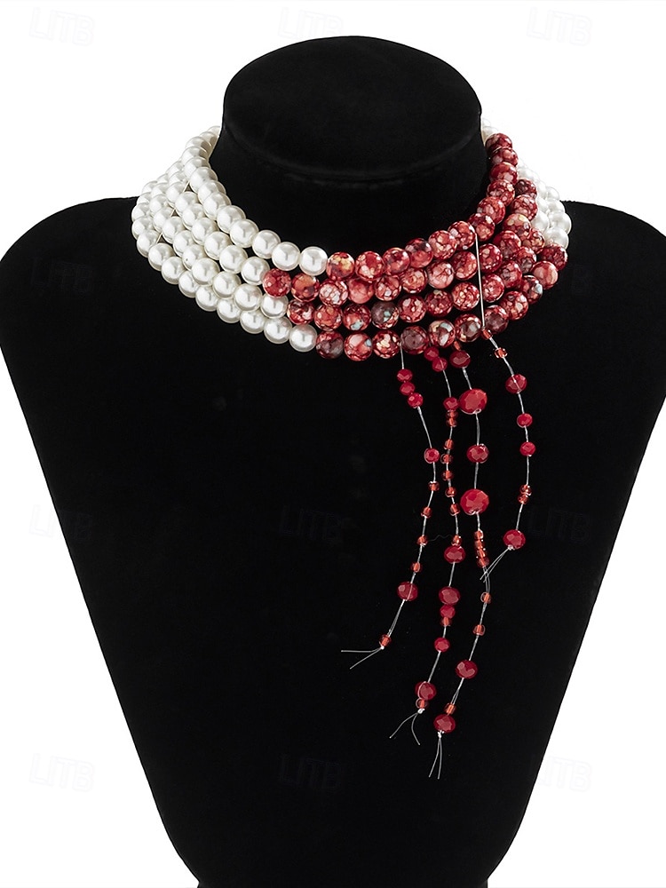 Conjunto de joyas de Halloween con gotas de sangre para mujer: gargantilla, pulsera y pendientes de perlas y cuentas rojas para fiestas de disfraces y eventos espeluznantes. 2025 - $18.99 –P3