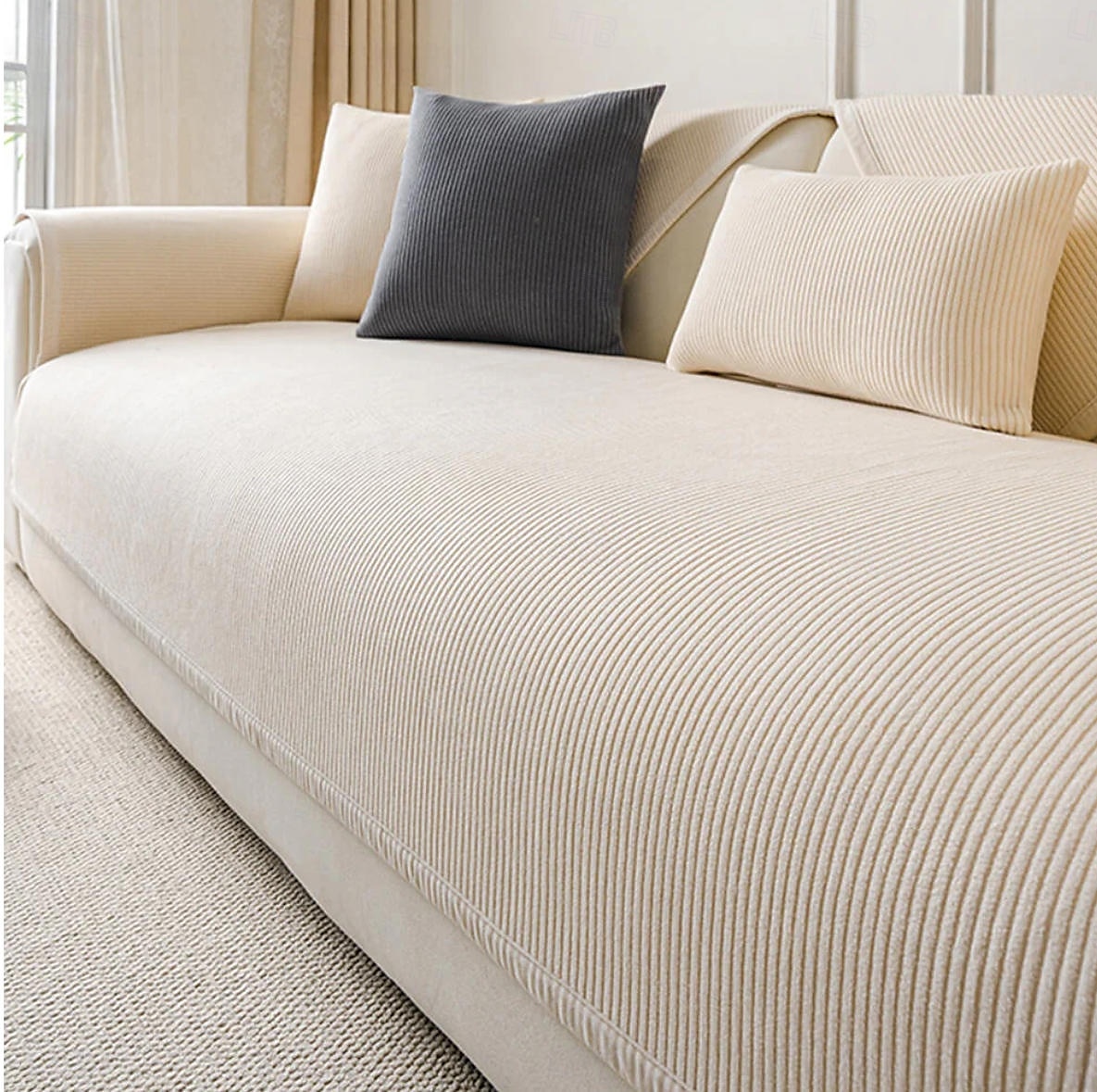 Husă de canapea modernă din fleece, cu dungi verticale, crem, pentru toate anotimpurile 2025 - $11.49 –P6