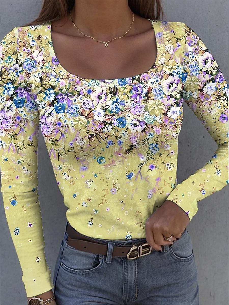 Maglietta da donna in cotone a coste con grafica collo quadrato a maniche lunghe casual floreale vintage top regolari per uso quotidiano stampa gialla rosa blu viola verde primavera autunno del 2026 a $26.99 –P5