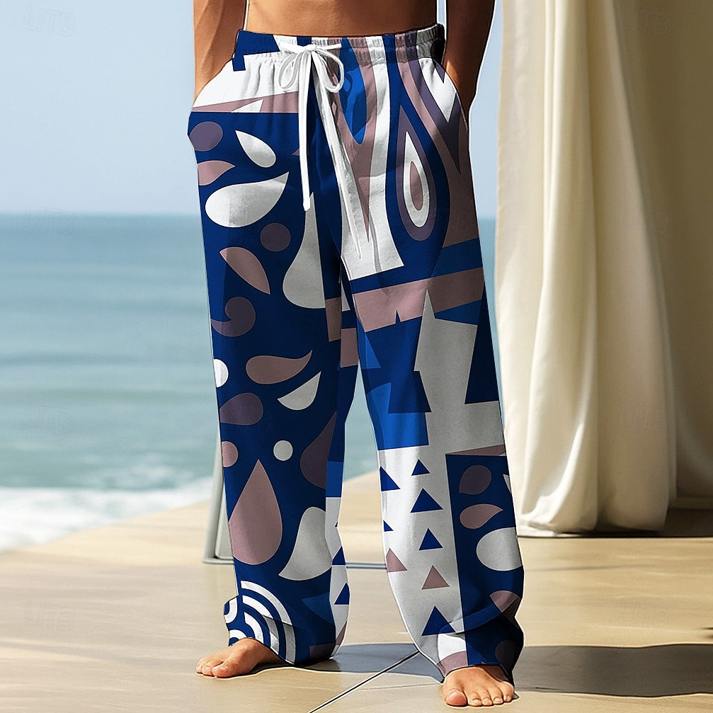 Voor heren Broek Wijde broek Vrijetijdsbroek Elastische tailleband met trekkoord Linnen broek met zakken Geometrisch Kleurenblok Volledige lengte Vakantie Dagelijks Klassieke Stijl Rood blauw 2026 - $27.99 –P2