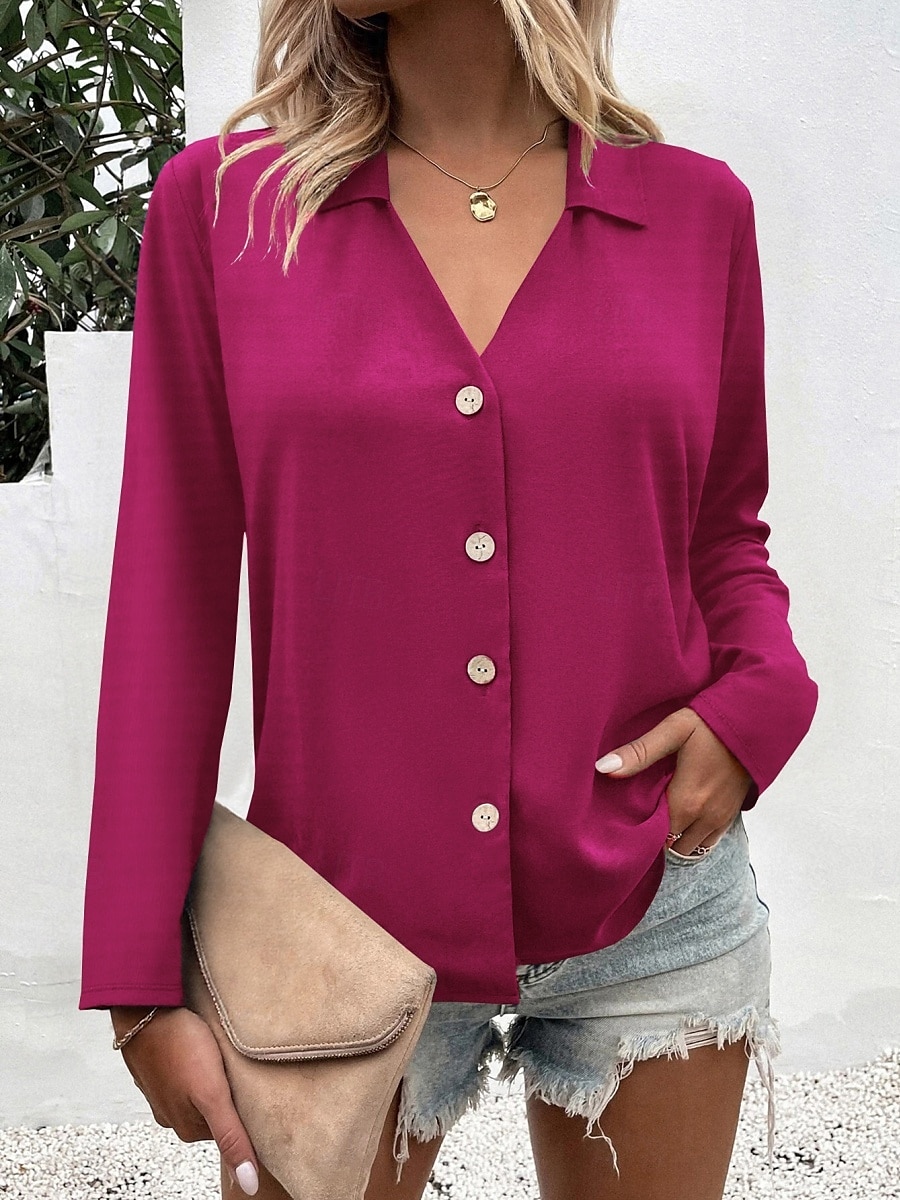 Camicia da donna con bottoni blusa unicolore elegante casual a maniche lunghe scollata a V colletto regolare eleganti quotidiani stampa nera bianca blu fucsia estate primavera del 2025 a $21.99 –P7