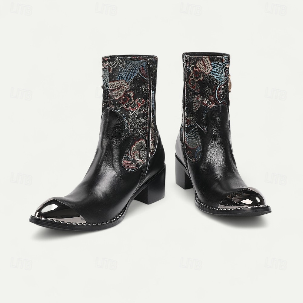 Bottes de motard western noires en cuir de vachette pour hommes avec broderie florale et bout en métal, style cowboy rétro pour la conduite à moto, les événements country et la mode festival de 2025 ? $139.99 –P5