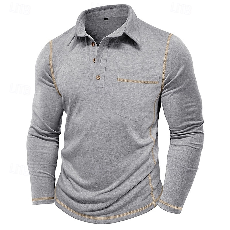 Homens Pólo Camisa de golfe Desportos e Ar livre Casual Colarinho Clerical Clássico Manga Longa Roupa de rua Legal Tecido Bolso frontal Primavera & Outono Normal Preto Branco Azul Verde Cáqui Cinzento de 2026 por $31.99 –P3