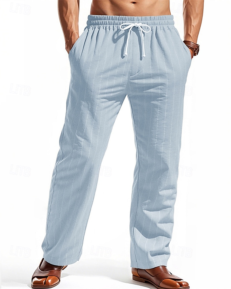 Herr Linne Byxor Långbyxor Sommarbyxor Strandbyxor Ficka Elastisk midja Snörning Randig Komfort Andningsfunktion Semester Dagligen Helgdag Hawaiisk Boho Svart Vit 2026 - E£1454.15 –P15