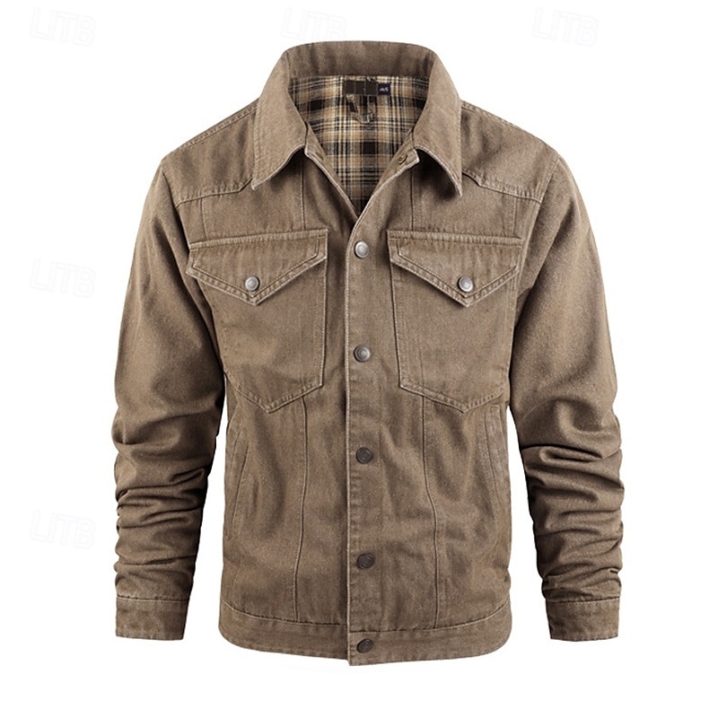 Homme Veste Légère Veste Décontractée Veste en Jean Vacances Quotidien Avec Poches Automne Hiver Uni Mode Classique Revers Régulier Noir Marron Vert Bleu de minuit Bleu clair Veste de 2025 ? $56.99 –P4