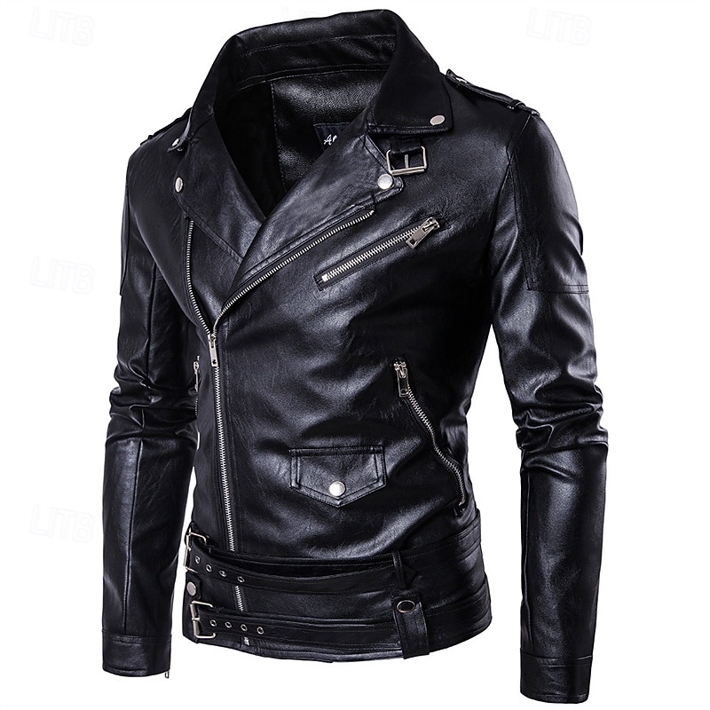 Voor heren Jas van imitatieleer Bikerjack Motorjas Vakantie Dagelijks Winddicht Houd Warm Zak Herfst Winter Effen Modieus Klassiek Revers Normaal Zwart Jacks 2026 - $57.99 –P1