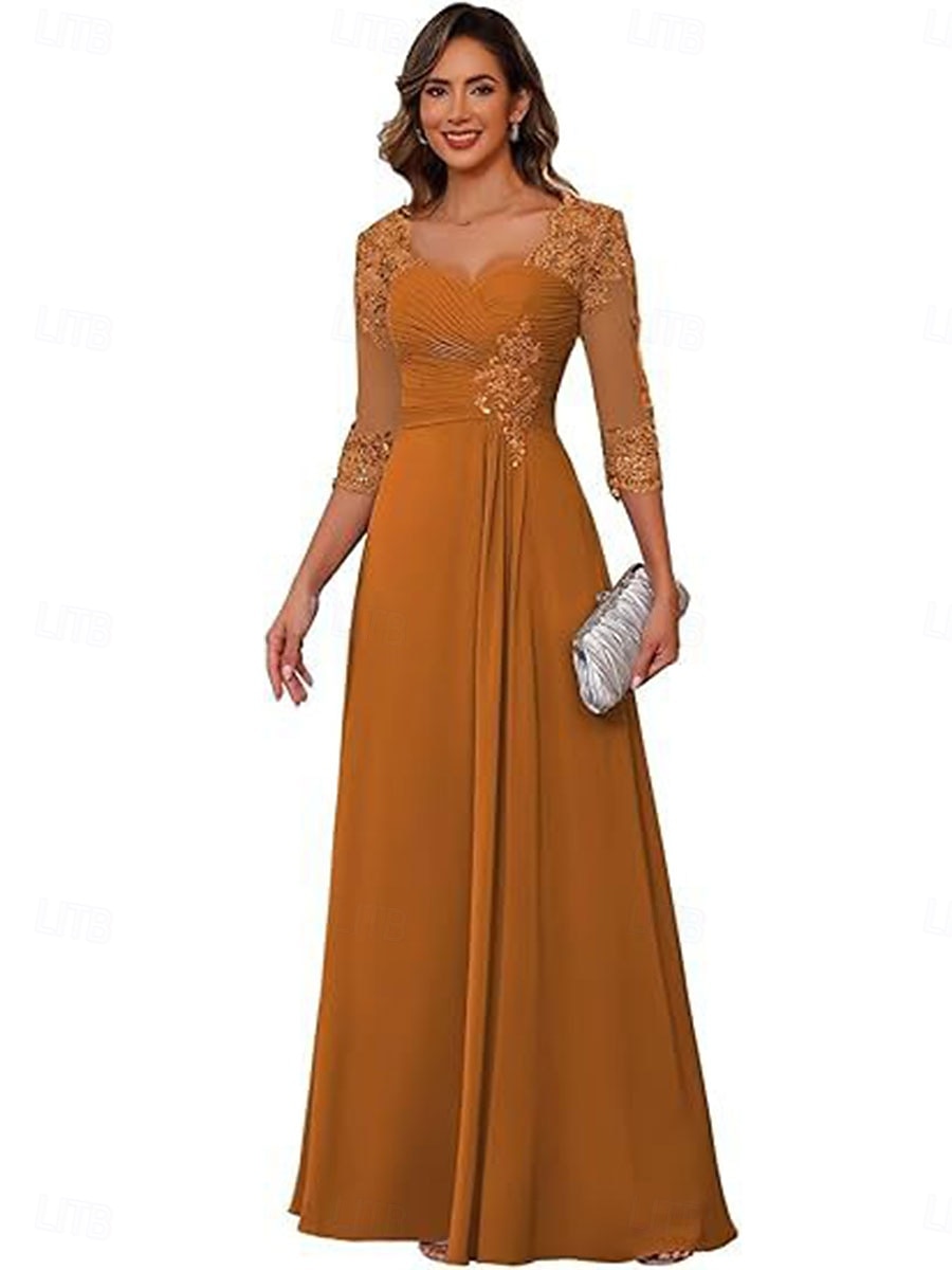 A-linje Kjole til brudens mor Elegant Enkel V-hals Gulvlengde Chiffon 3/4 ermer med Ensfarget 2025 2025 - $119.99 –P15