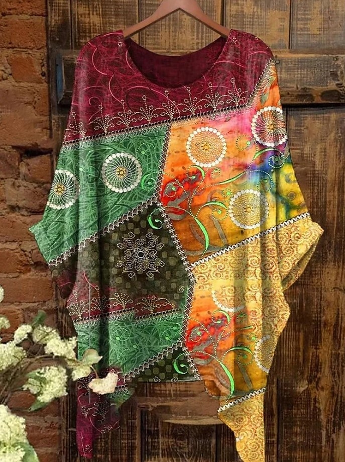 Dame Bluse Grafisk Geometrisk Elegant Bohem Årgang Kortermet Flaggermusermer Crew-hals Vanlige topper Daglig Ferie Strand Klær Trykt mønster Grønn Og Blå Gul Rosa Lysebrun Blå Sommer Vår 2025 - $22.99 –P1