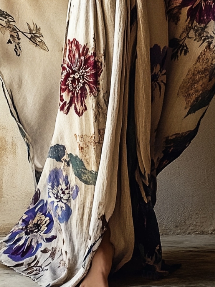damelang kjole maxikjole bohokjole avslappet kjole swingkjole sommerkjole vintage ferie daglig strand normal passform blomster 3/4-ermet v-hals khaki sommer vår høst 2025 - $25.99 –P2