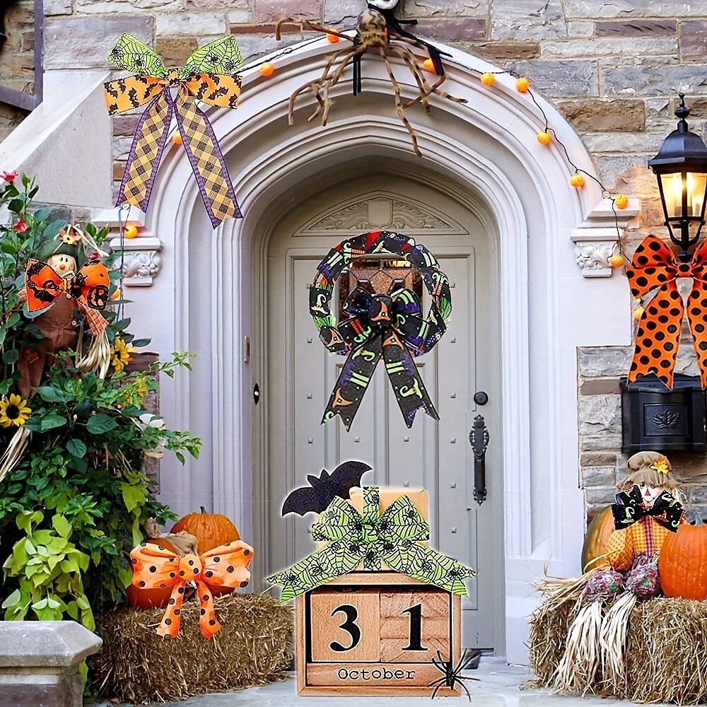 Nastro con bordo rinforzato per Halloween, 4 rotoli, nastro stampato a forma di pipistrello, ragno, zucca, gambe di strega, cappello, pois, nastri in grosgrain per Halloween, ghirlanda per la casa, del 2025 a $9.49 –P8