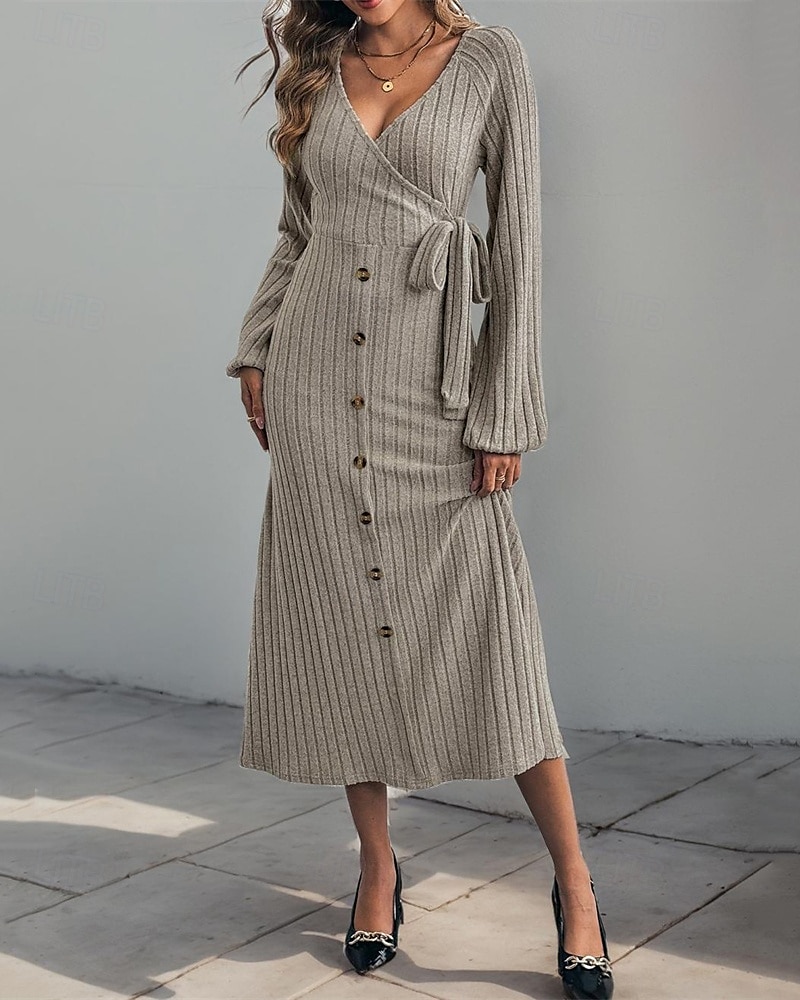 Femmes Robe Midi Robe Tricot Robe Décontractée Mode Moderne Quotidien Date Week-end Coupe régulière Uni manche longue Col en V Kaki Automne Hiver de 2025 ? $29.99 –P3