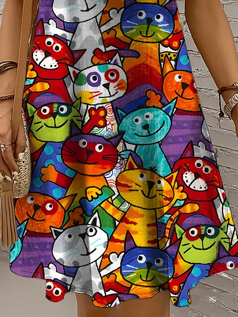 Mujer Mini vestido Vestido de verano Vestido de una línea Vestido con hombros descubiertos Vacaciones Casual Festivos Playa Ajuste regular Graphic Gato Sin Mangas Cuello Barco Amarillo Rojo Azul 2025 - $21.99 –P3