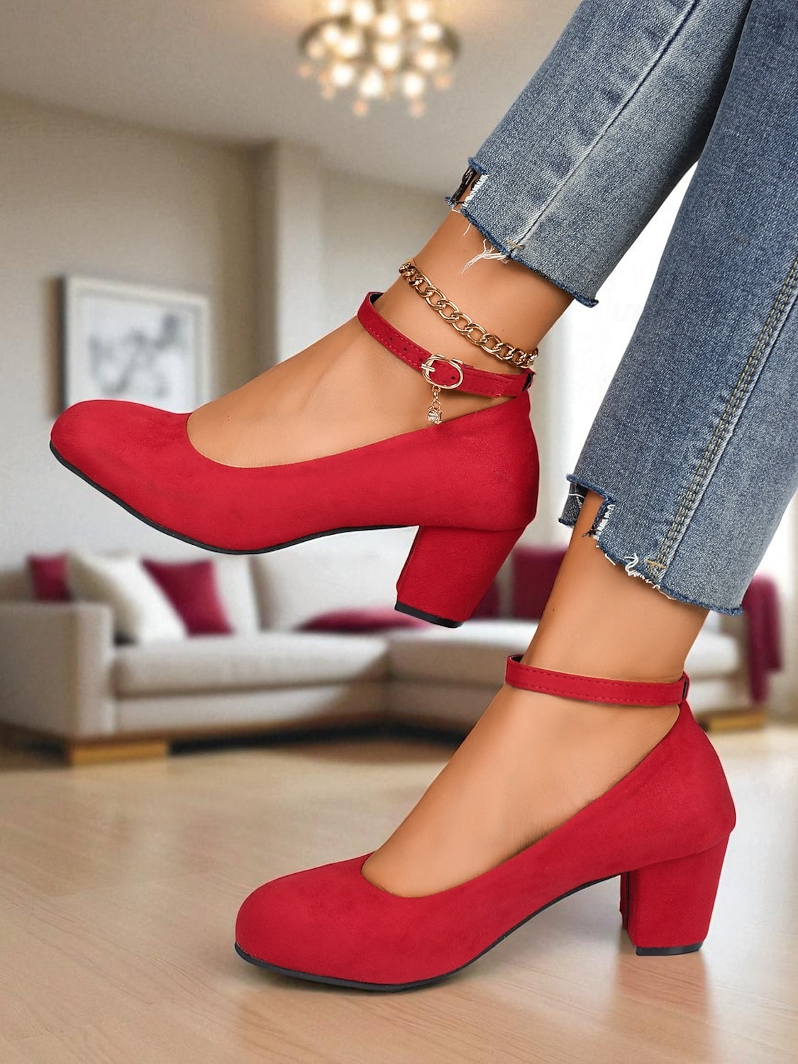 Sapatos Mary Jane femininos de salto bloco vermelho - sapatos sociais de camurça sintética com bico redondo e tira no tornozelo, estilo vintage para escritório, festas e uso diário de 2025 por $26.99 –P6