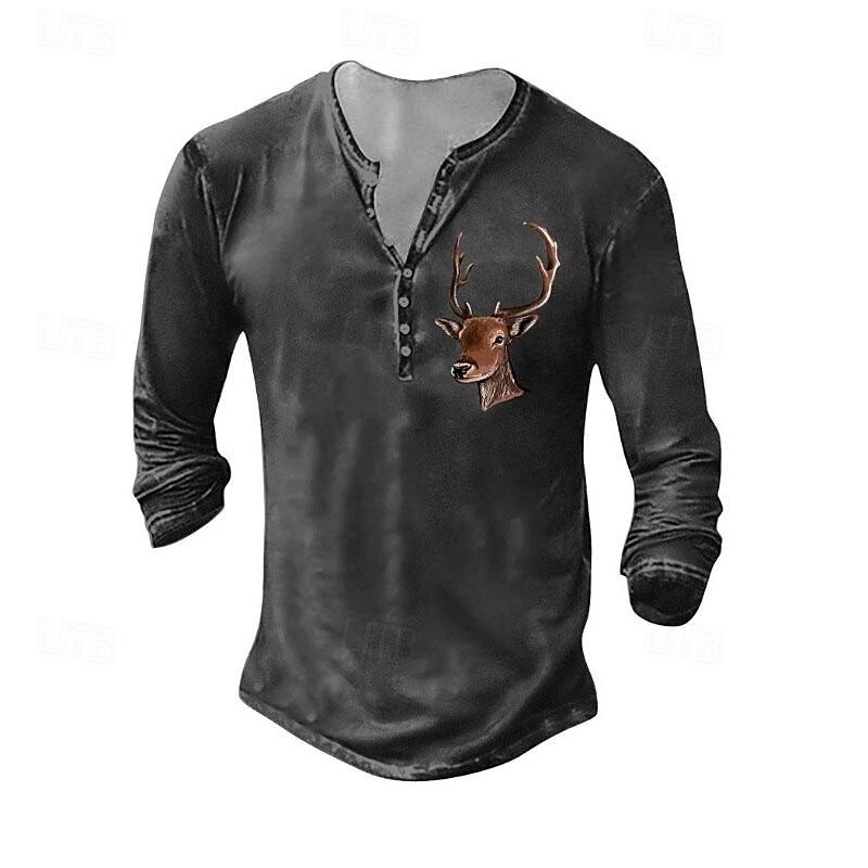 Herren Henley Hemd T-Shirt Langarmshirt Langarm Henley Sommer Herbst Muster Hirsch Mode Designer Mode Jahrgang Urlaub Straße Ausgehen Dunkelgrau Schwarz Weiß Top T-Shirt für Herren 2025 - $19.99 –P2