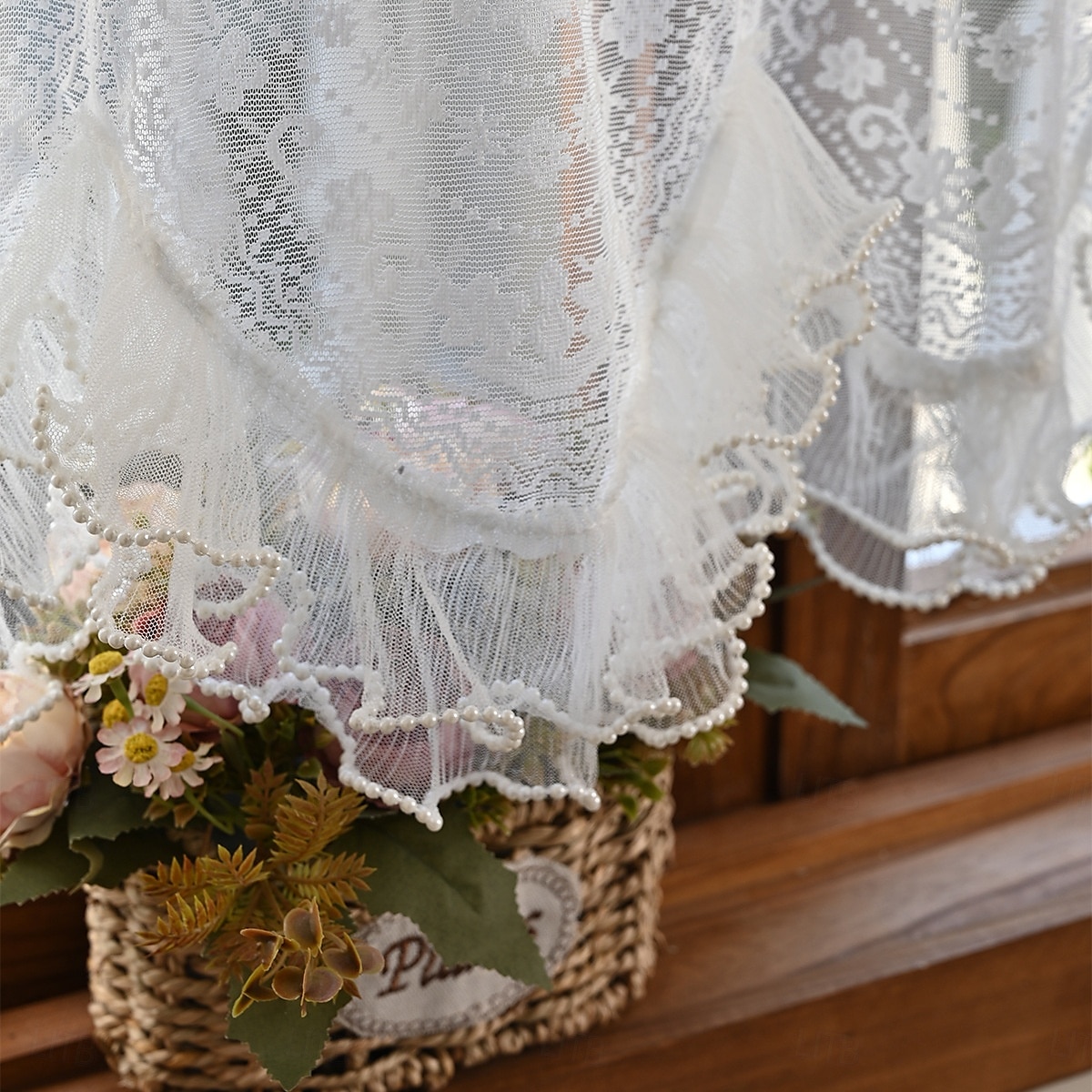 Lace Ruffled Kitchen Short Curtain Valance Vintage Floral Embroidered Short Sheer Cafe Curtain for Kitchen Window Rod Pocket Scalloped Bottom Beaded Sheer Valance1 Panel 2026 - $10.99 –P15